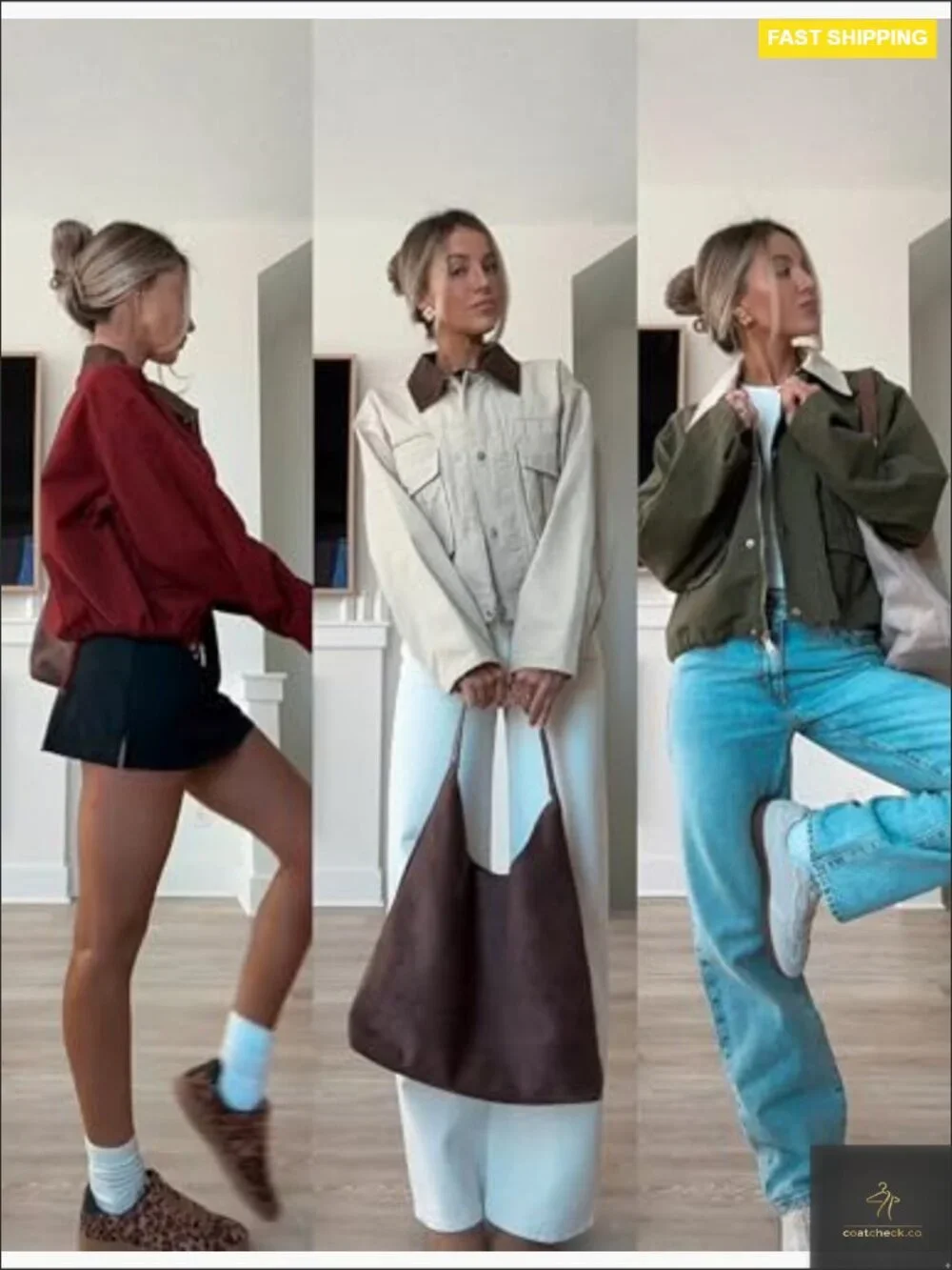 Cropped Jacket Contrast Collar Utility Coat Cargo Barn Jacket Outwear Pockets